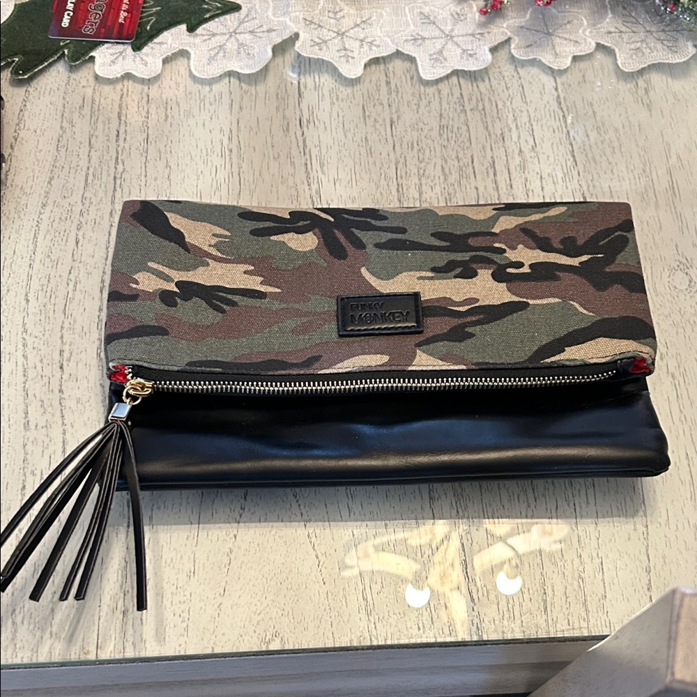 Camouflage and Black Clutch with Tassel